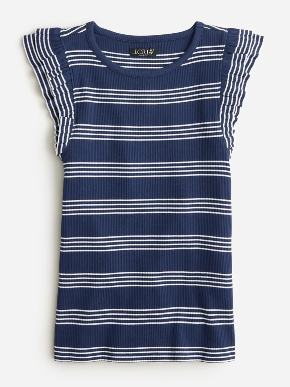J CREW XS Navy Vintage Rib Ruffle-Sleeve Shirt in Stripe